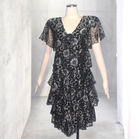 1980s Holly's Harp Ruffled Floral Dress Black Light Gold Tiered Party Dress S - Picture 1 of 7